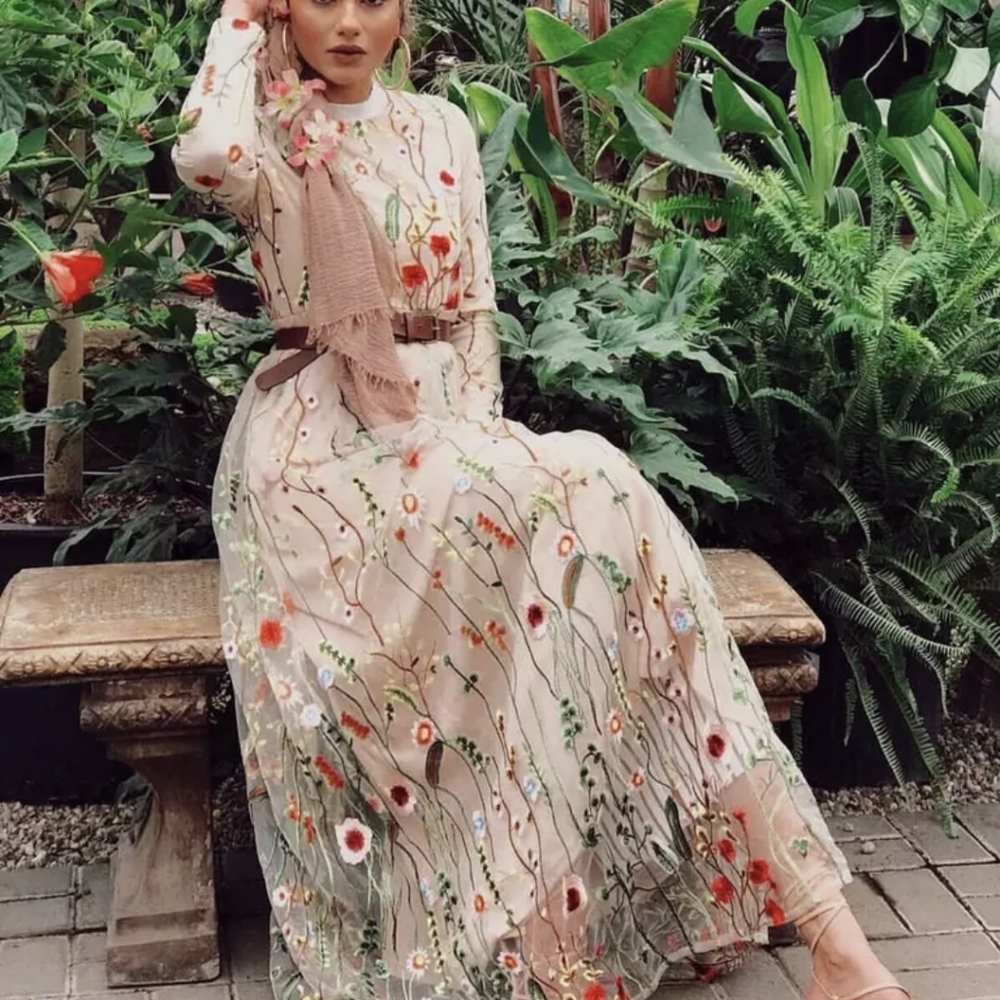 NWOT Nude lace maxi dress floral embroidery!